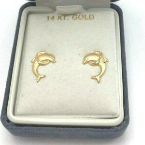 14K Gold Dolpin Stud Earrings Tiny .33gr New in box